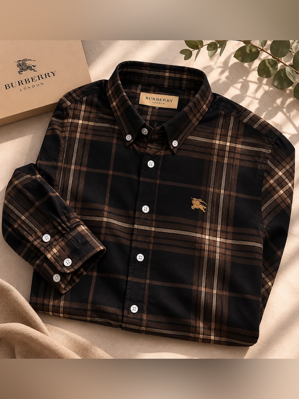 Burberry Black and Brown Plaid Button-Down Shirt